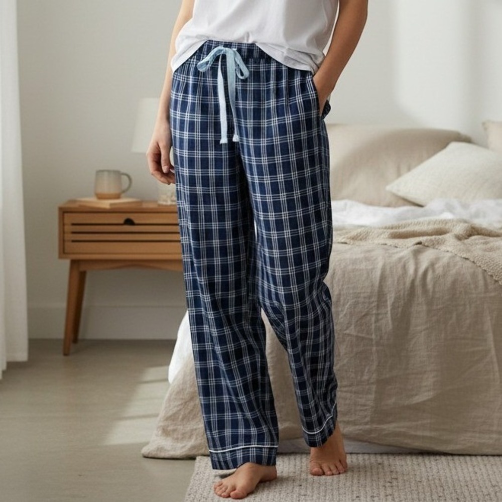 State of Day Poplin Pajama Pants Loungewear Cotton Blend Navy Blue‎ Offset Plaid